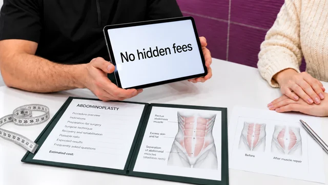 A surgeon shows a patient the fixed price of surgery with no extra charges