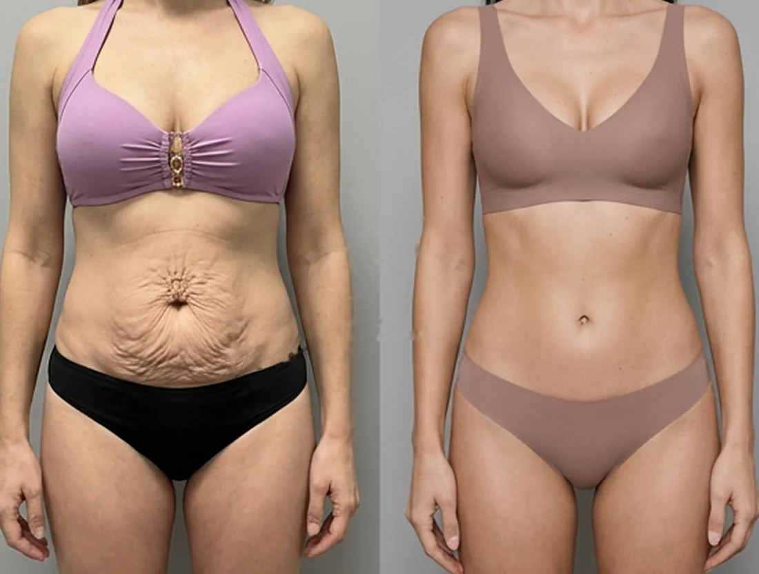 Tummy tuck: a female patient's abdomen before and after surgery