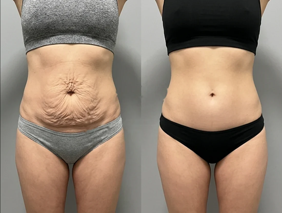 Tummy tuck: a female patient's abdomen before and after surgery