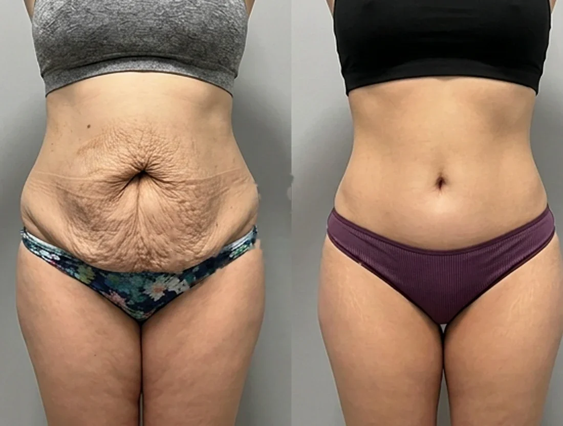 Tummy tuck: a female patient's abdomen before and after surgery