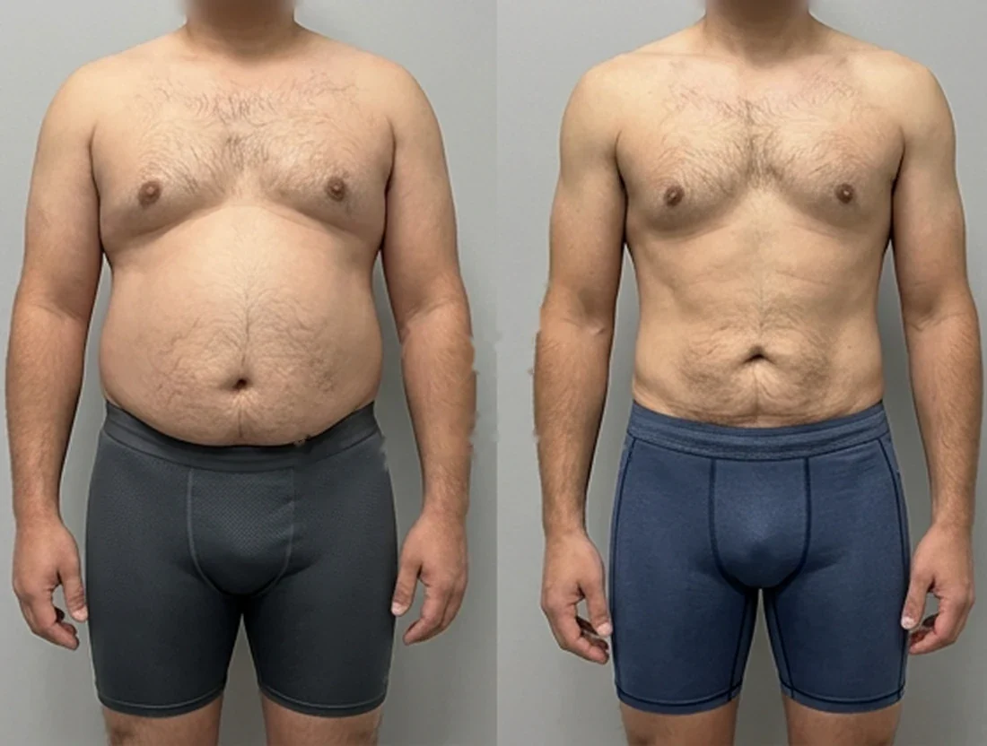 Tummy tuck: a male patient's abdomen before and after surgery