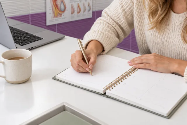 مريضة تكتب موعداً مناسباً للزيارة في مفكرتها