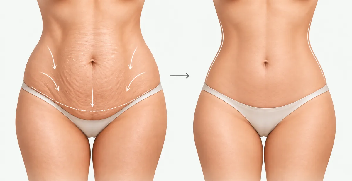Tummy tuck diagram: the abdomen before surgery with the incision line, and the result