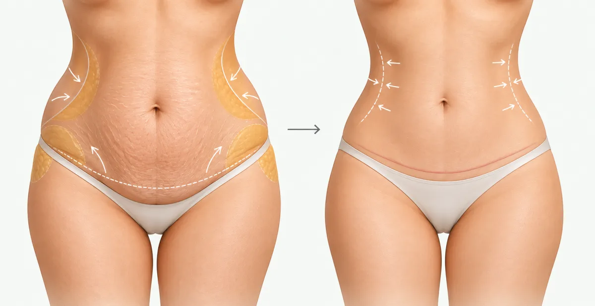 Lipoabdominoplasty diagram: the abdomen with fat on the flanks before surgery, and the result