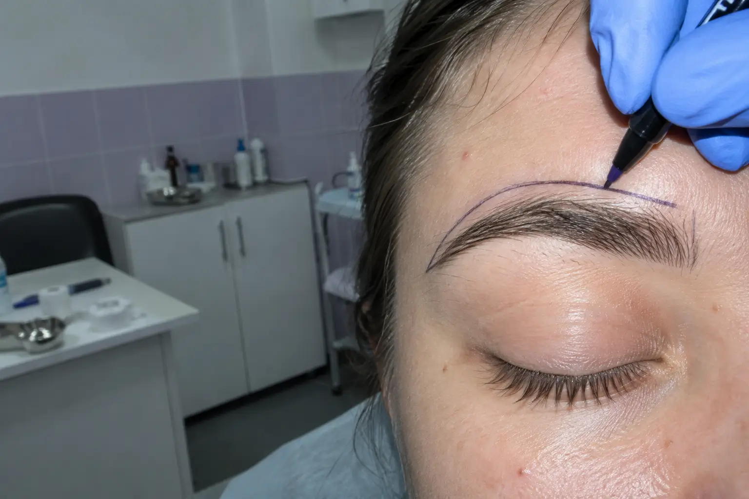 A surgeon marking the eyebrow shape before a transplant at City Medical Centre