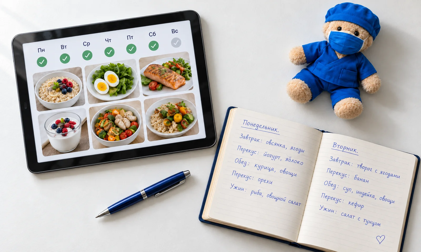 A tablet with a meal plan and a patient's diary after bariatric surgery