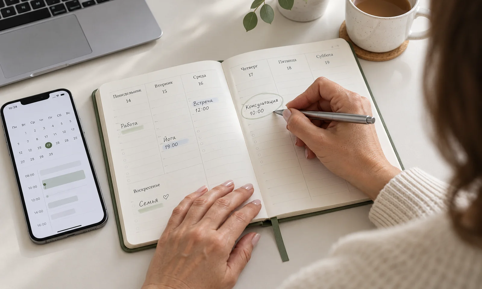 A patient picks a convenient visit time in her planner and phone calendar