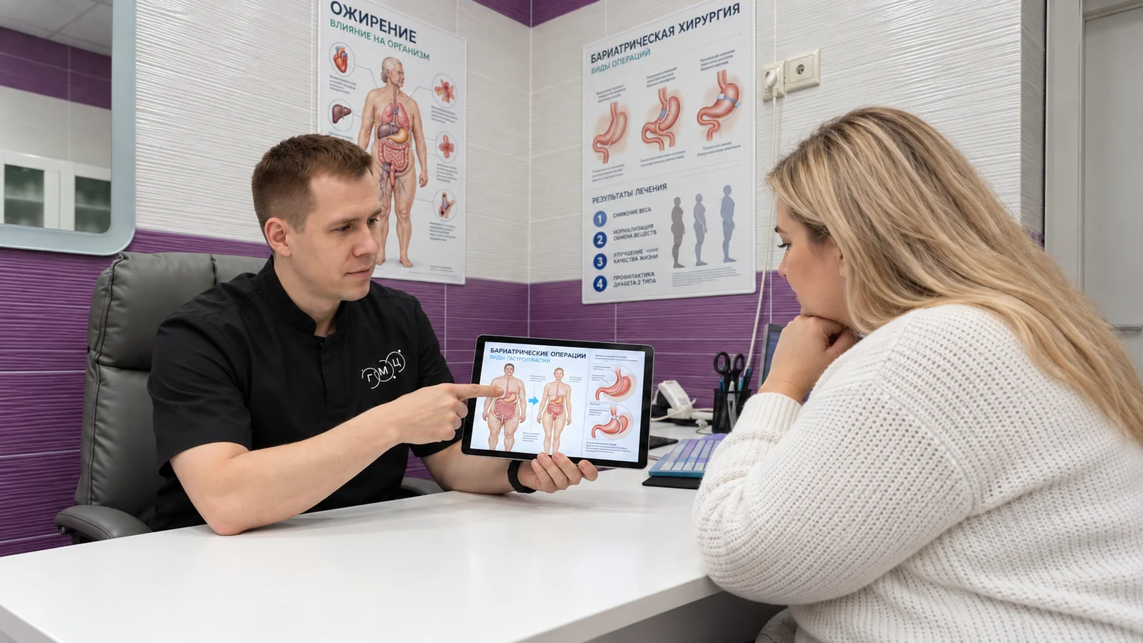 A bariatric surgeon shows a patient the surgery plan on a tablet