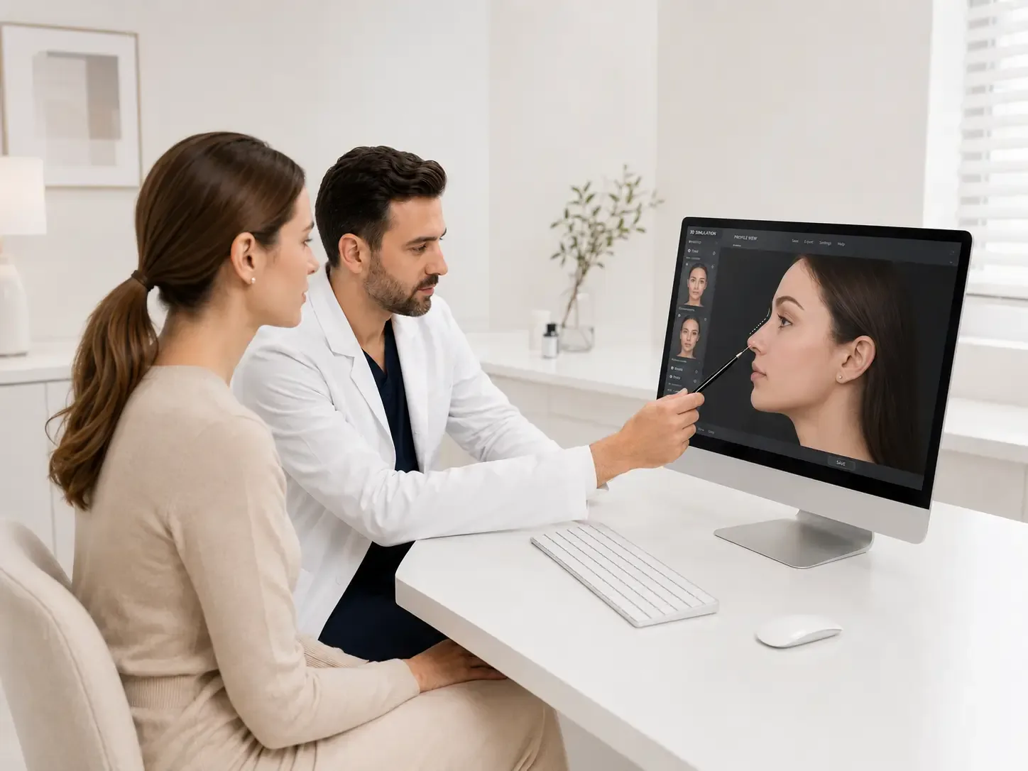 A doctor shows a patient the 3D forecast of her nose