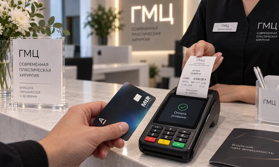 Paying the deposit by bank card at the terminal at the City Medical Centre reception