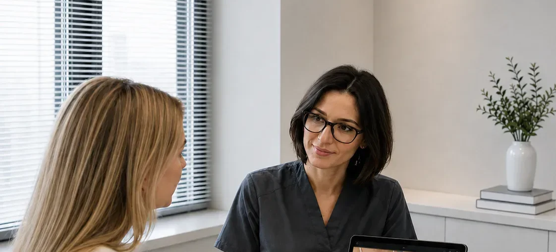 A plastic surgeon consults a patient about breast implants
