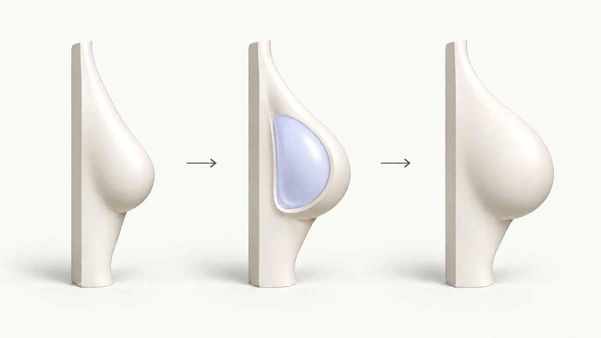 Breast augmentation with a round implant: initial shape, implant and result