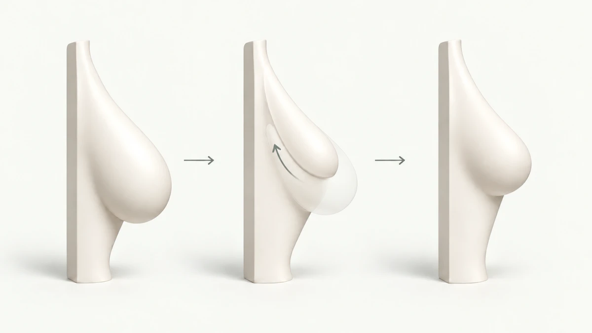 Breast reduction diagram: initial volume, removal of excess tissue and result