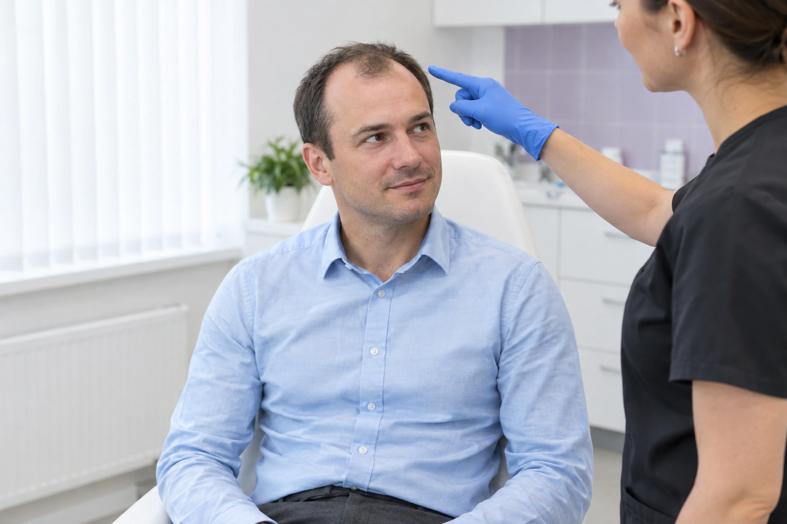 A man with bald patches at a consultation: a case where a hair transplant helps