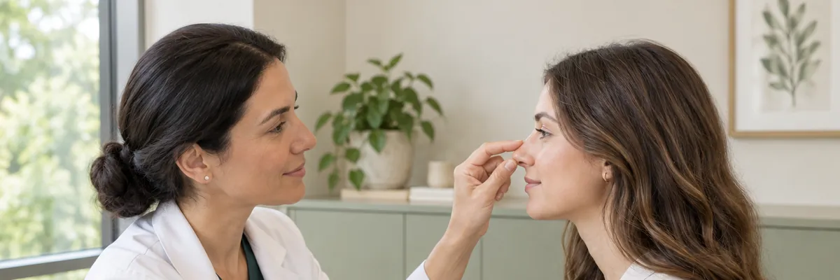 A doctor examines a patient's nose at a consultation before rhinoplasty