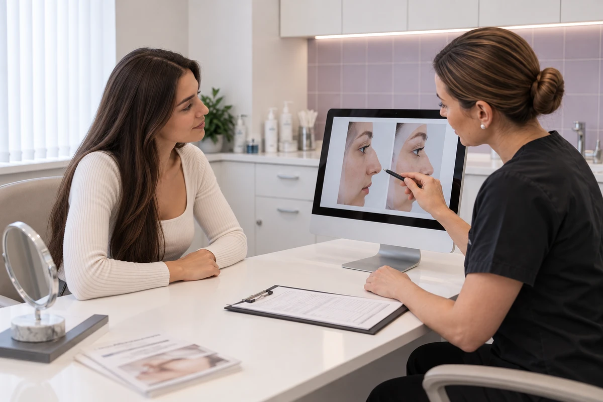 Plastic surgeon consultation: discussing the nose shape on a monitor