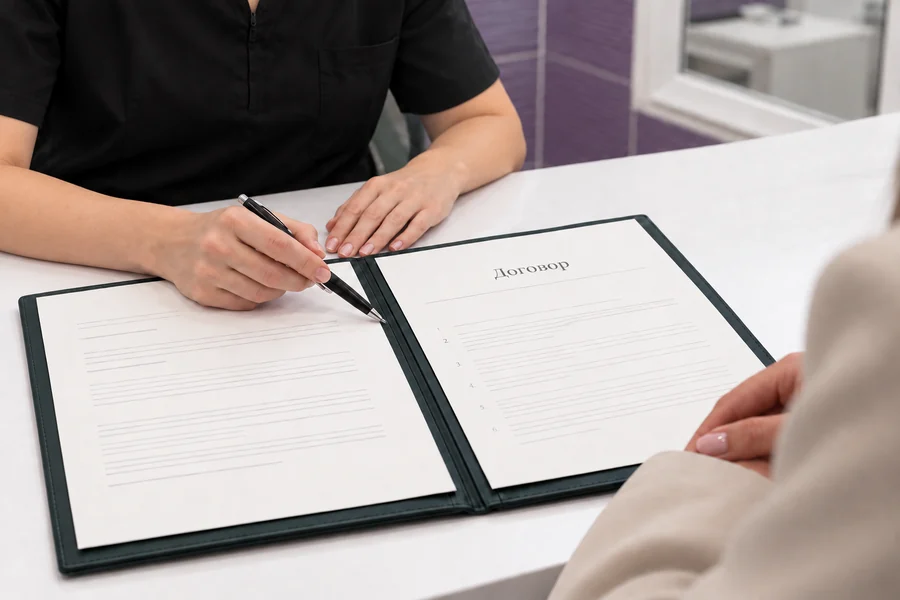 A surgeon and a patient sign a rhinoplasty contract