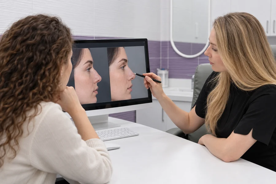 A doctor shows a patient the nose shape forecast on a monitor