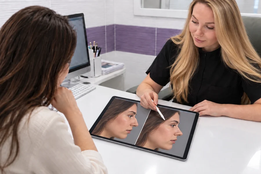 At a consultation a doctor shows a patient her future nose profile on a tablet