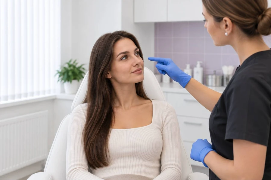 A doctor examines a patient's nose at a consultation before rhinoplasty