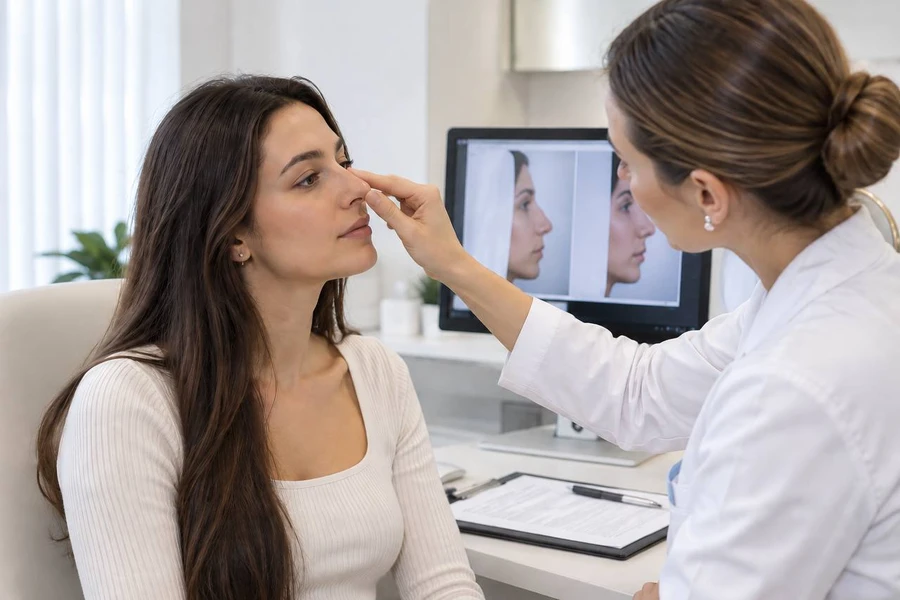 A clinic doctor at a rhinoplasty consultation
