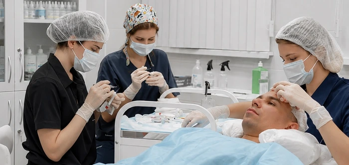 Hair transplant with the FUE method — operating room at City Medical Centre