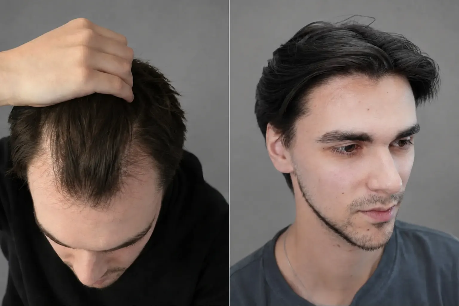 Przeszczep włosów na głowie: zdjęcie przed i 12 miesięcy później, 3200 graftów, metoda FUE