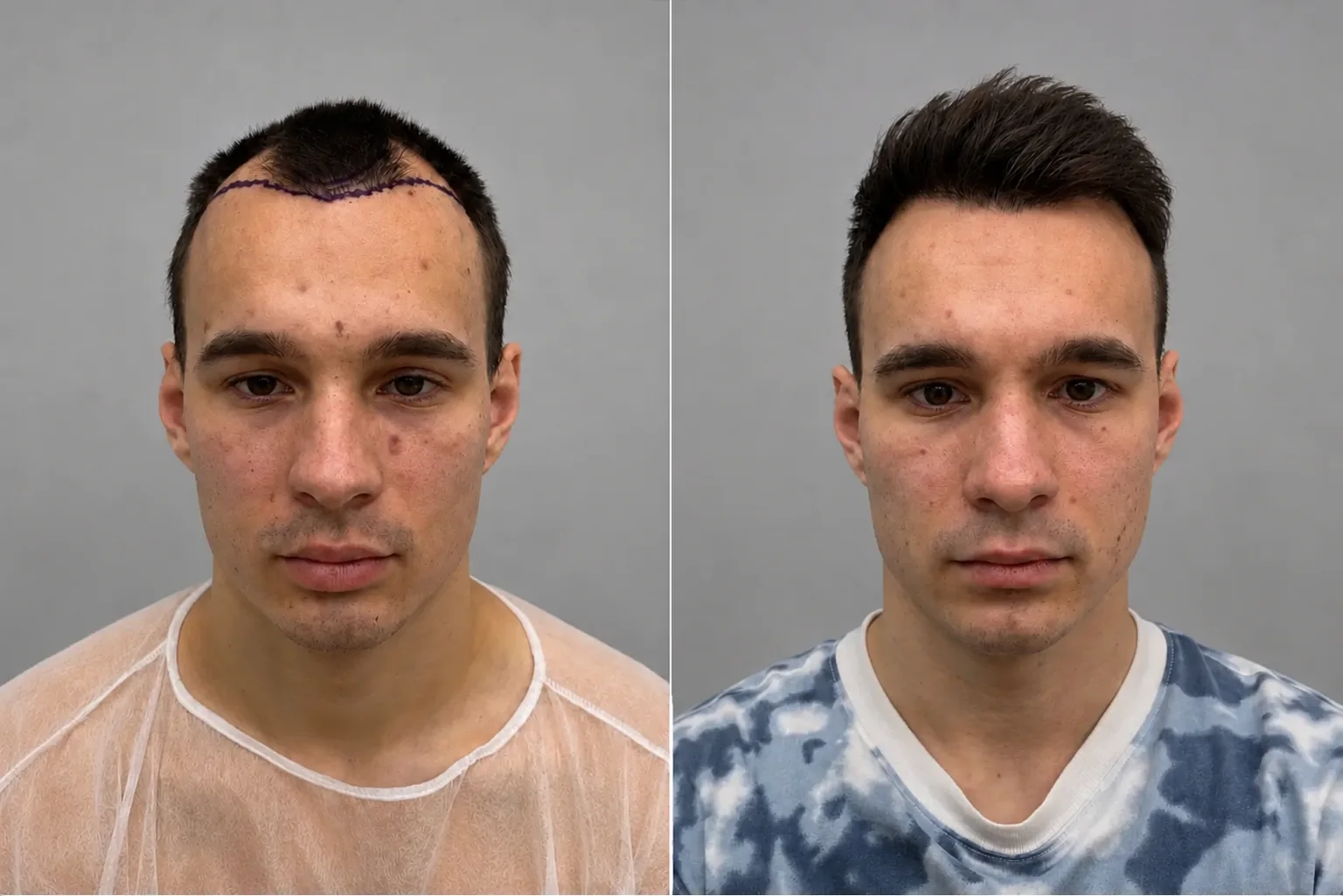 Przeszczep włosów na głowie: zdjęcie przed i 12 miesięcy później, 2500 graftów, metoda FUE