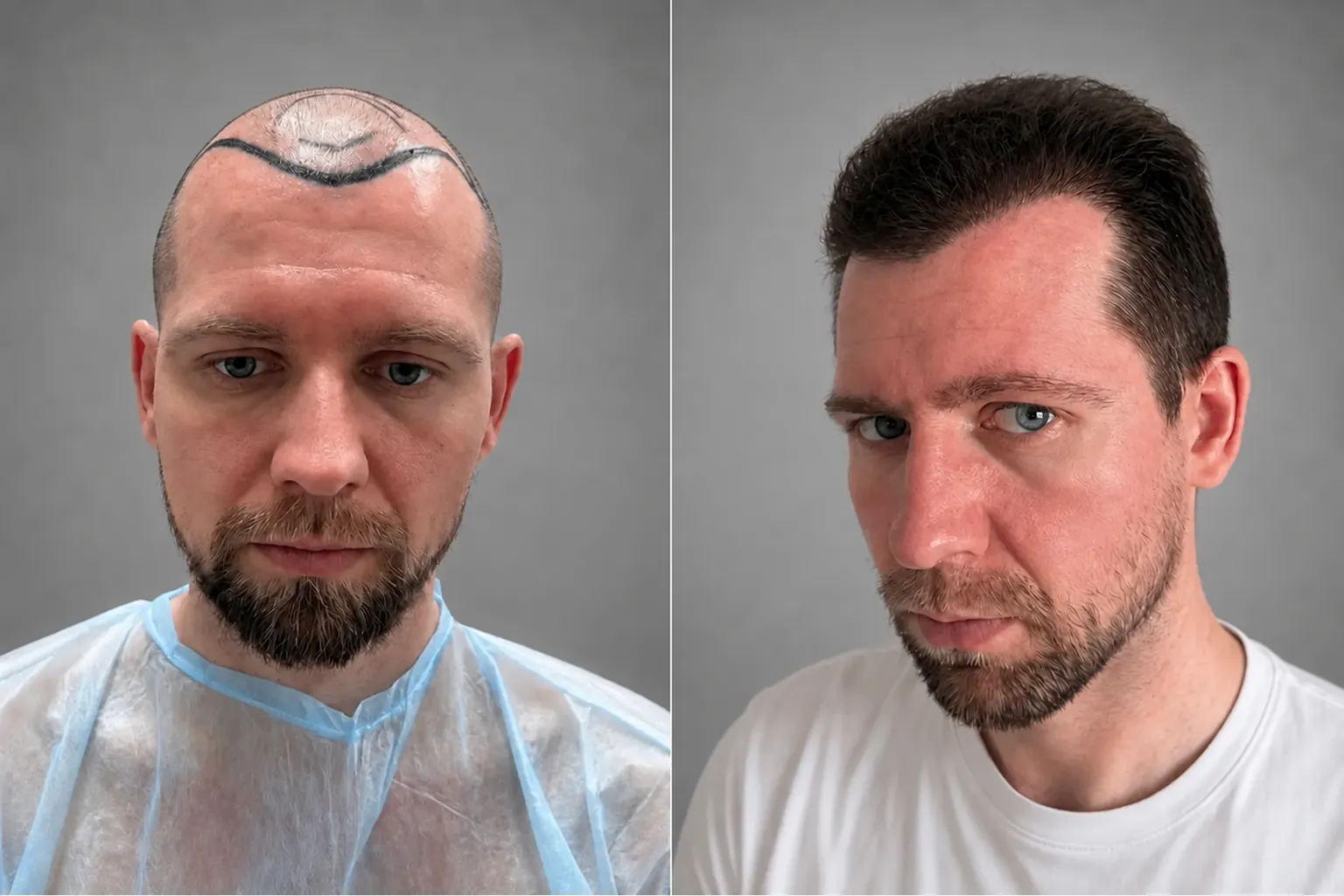 Przeszczep włosów na głowie: zdjęcie przed i 12 miesięcy później, 3600 graftów, metoda FUE
